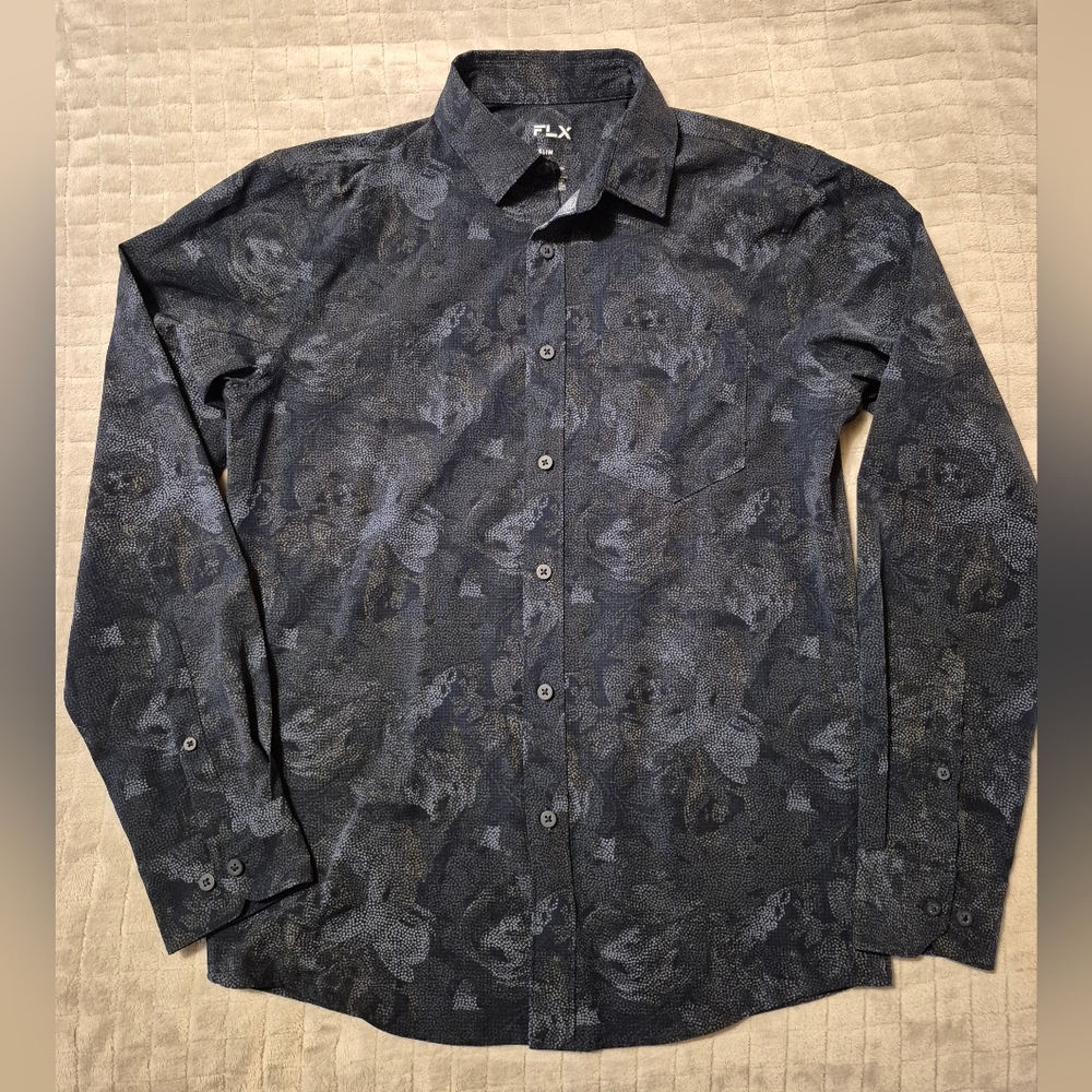Mens FLX Size Small Slim Fit Dress Shirt. Navy Blue